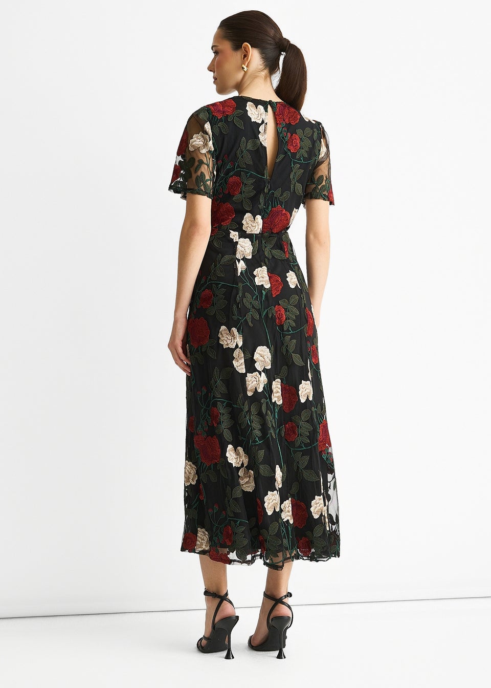 Gini London Black Angel Sleeves Embroidered Occasion Midi Dress