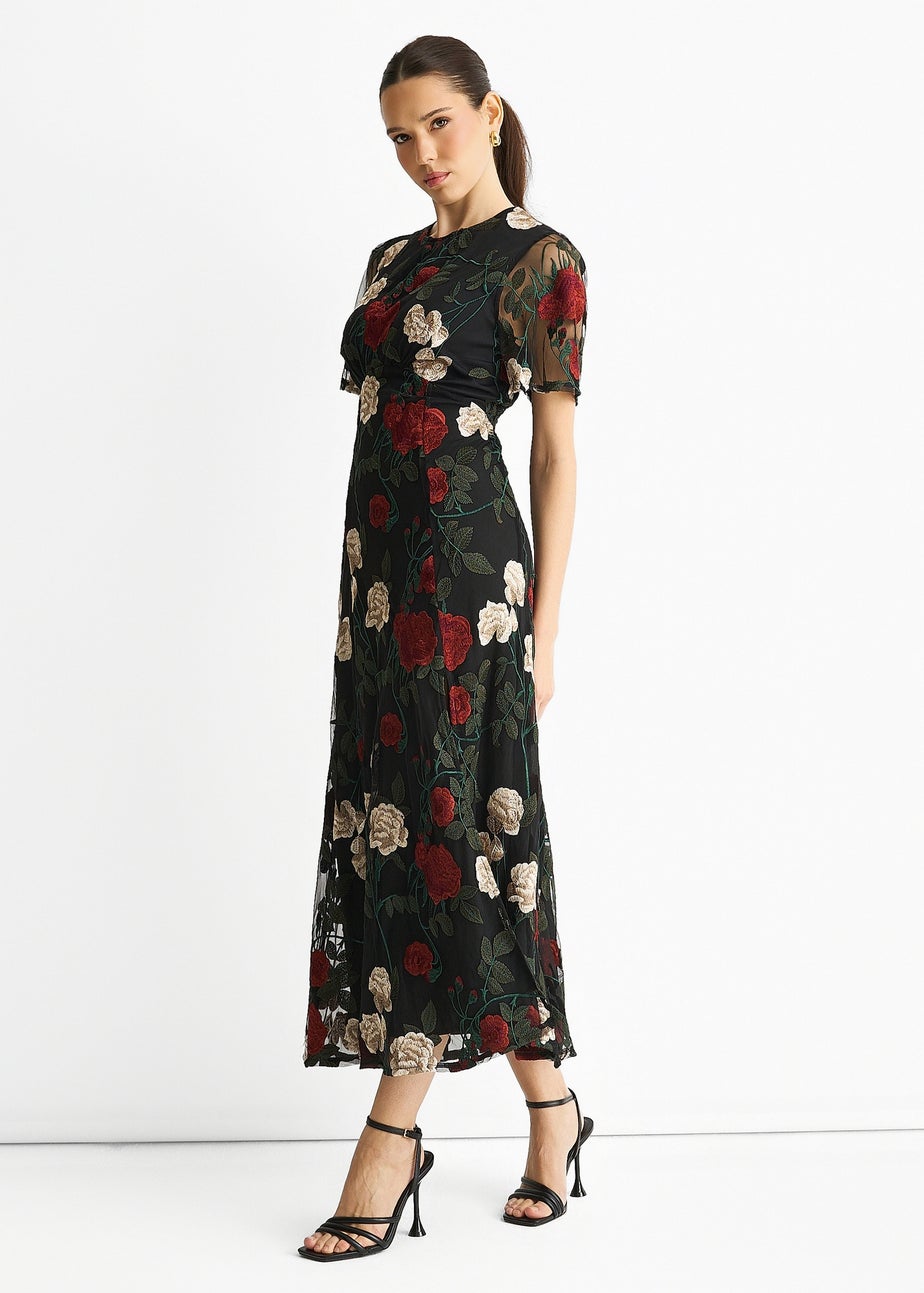 Gini London Black Angel Sleeves Embroidered Occasion Midi Dress