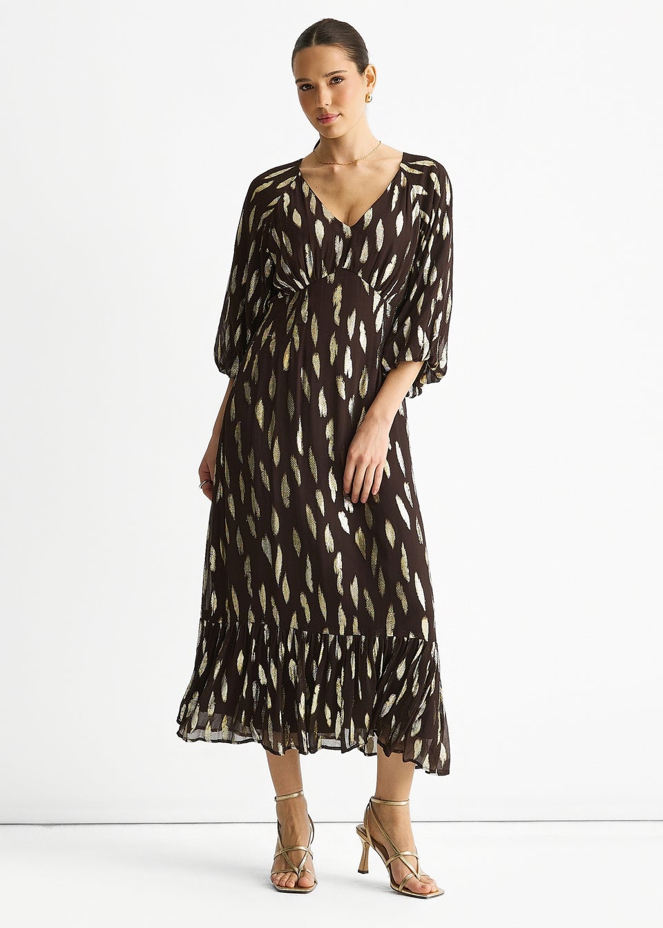 Gini London Chocolate Viscose Clipped Balloon Sleeve Maxi Dress