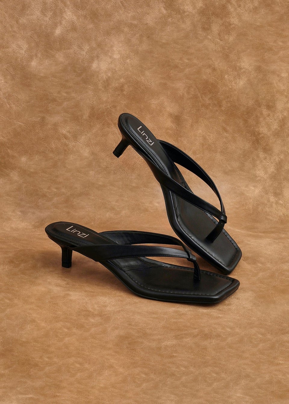 Linzi Potential Black Faux Leather Toe Post Kitten Heel