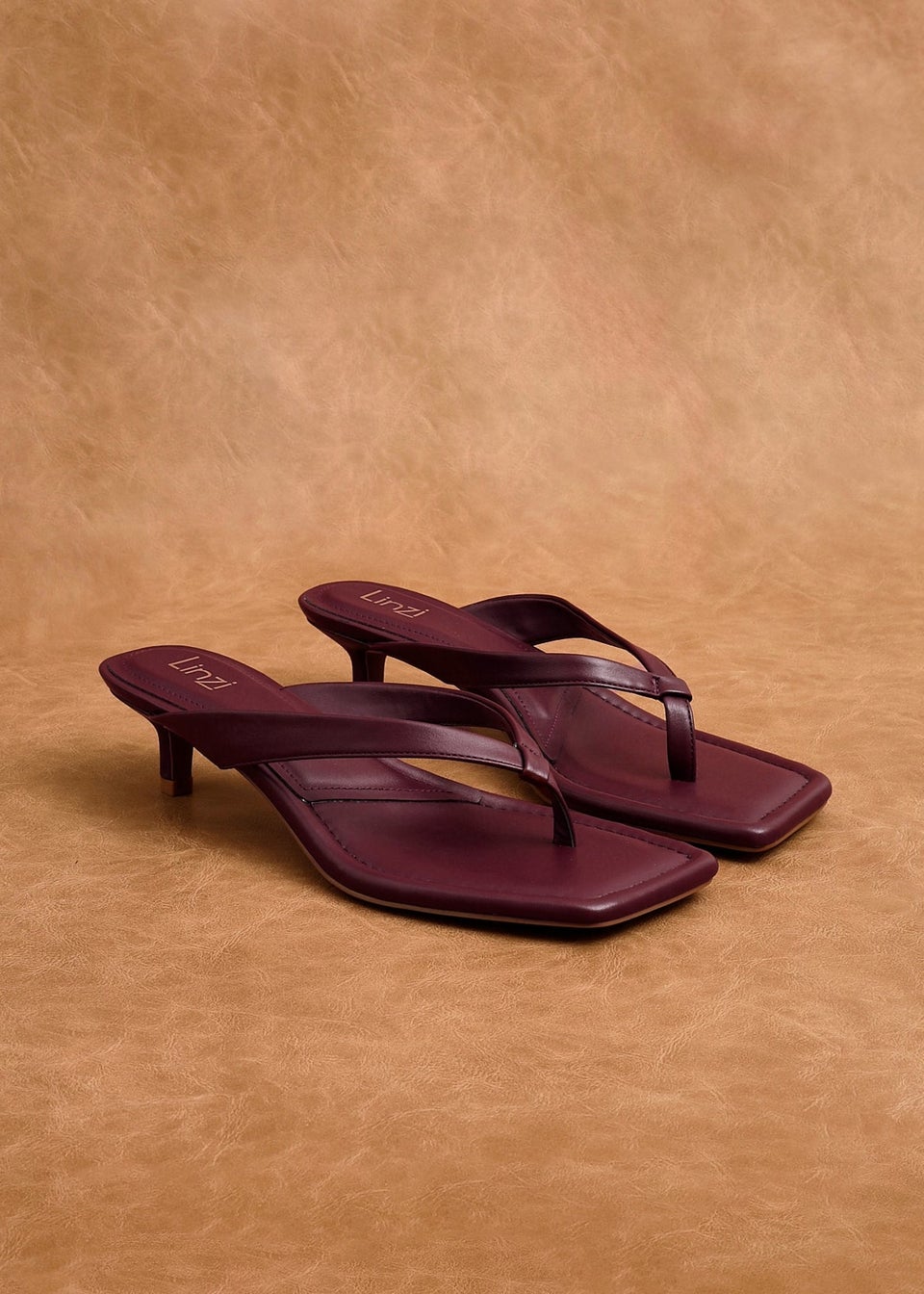 Linzi Potential Burgundy Faux Leather Toe Post Kitten Heel