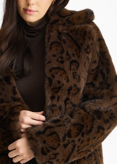 Gini London Chocolate Animal Print Premium Faux Fur Belted Long Coat