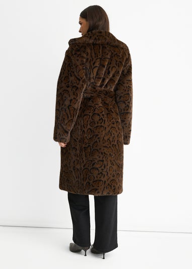Gini London Chocolate Animal Print Premium Faux Fur Belted Long Coat