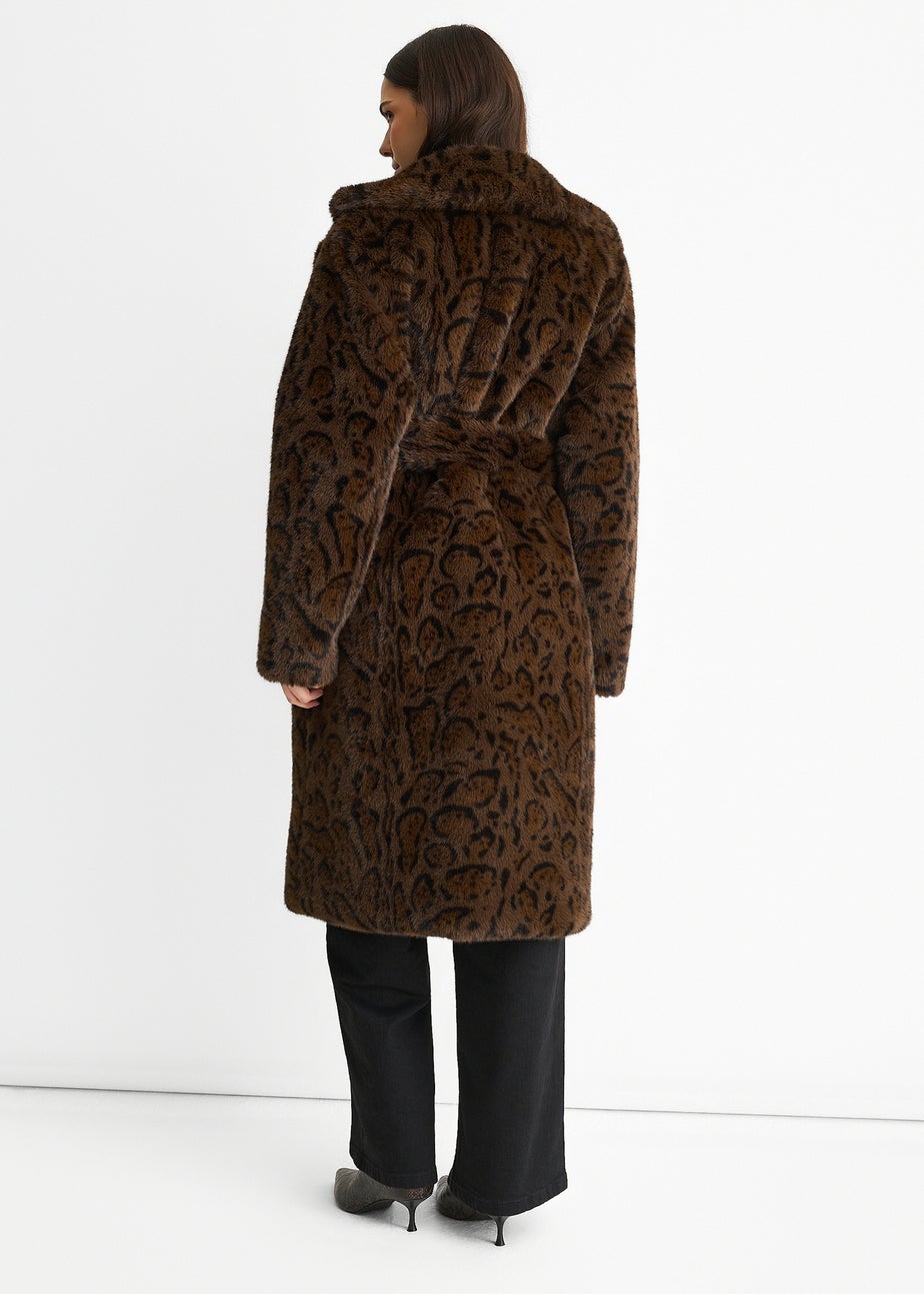 Gini London Chocolate Animal Print Premium Faux Fur Belted Long Coat