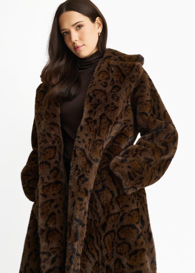 Gini London Chocolate Animal Print Premium Faux Fur Belted Long Coat