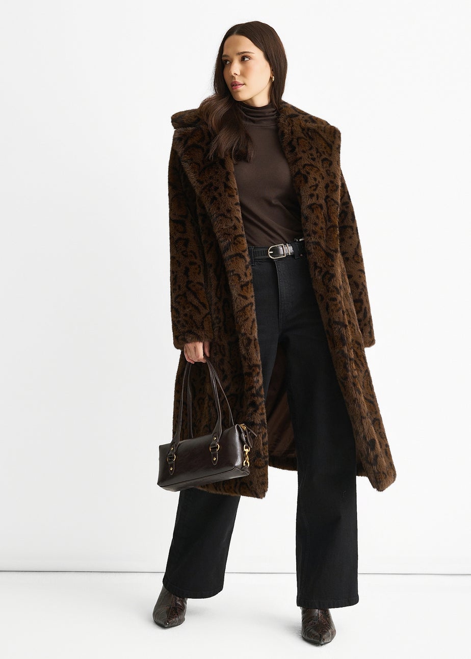 Gini London Chocolate Animal Print Premium Faux Fur Belted Long Coat
