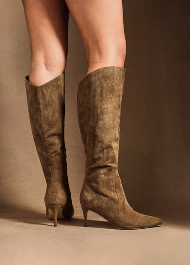 Linzi Ambition Sand Faux Suede Assymetric High Leg Stiletto Boot