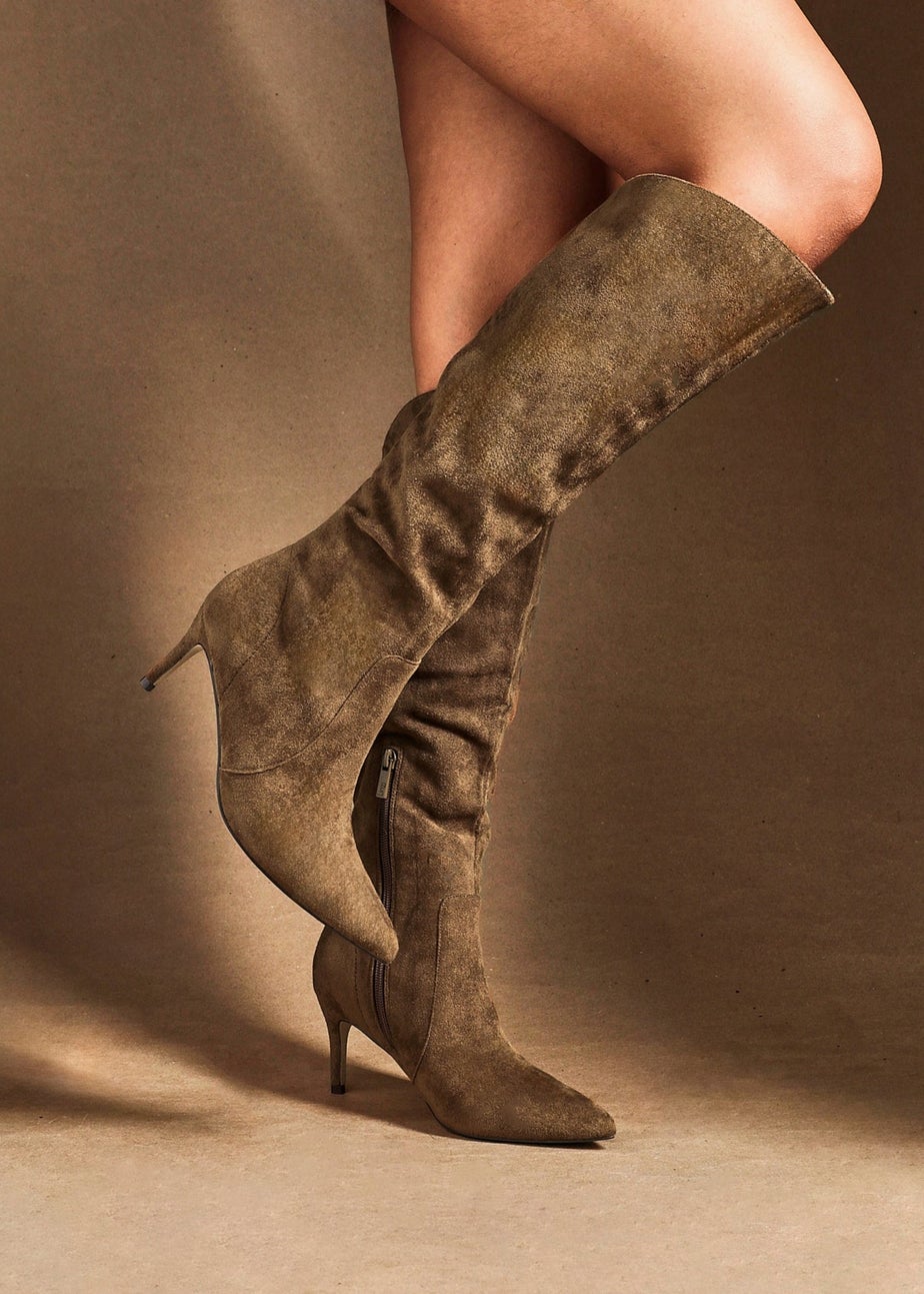Linzi Ambition Sand Faux Suede Assymetric High Leg Stiletto Boot
