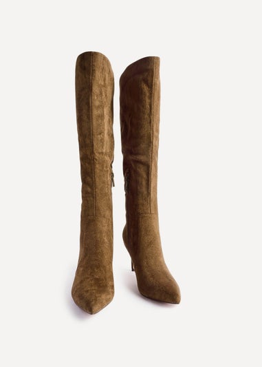 Linzi Ambition Sand Faux Suede Assymetric High Leg Stiletto Boot