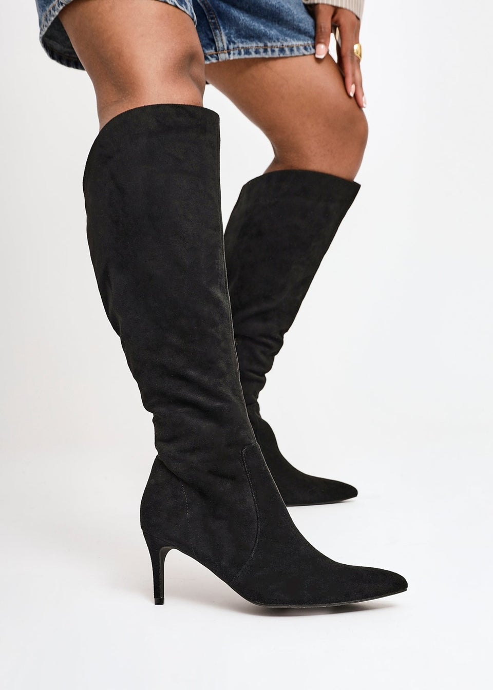Linzi Ambition Black Faux Suede Assymetric High Leg Stiletto Boot