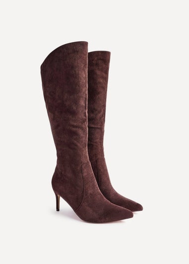 Linzi Ambition Brown Faux Suede Assymetric High Leg Stiletto Boot