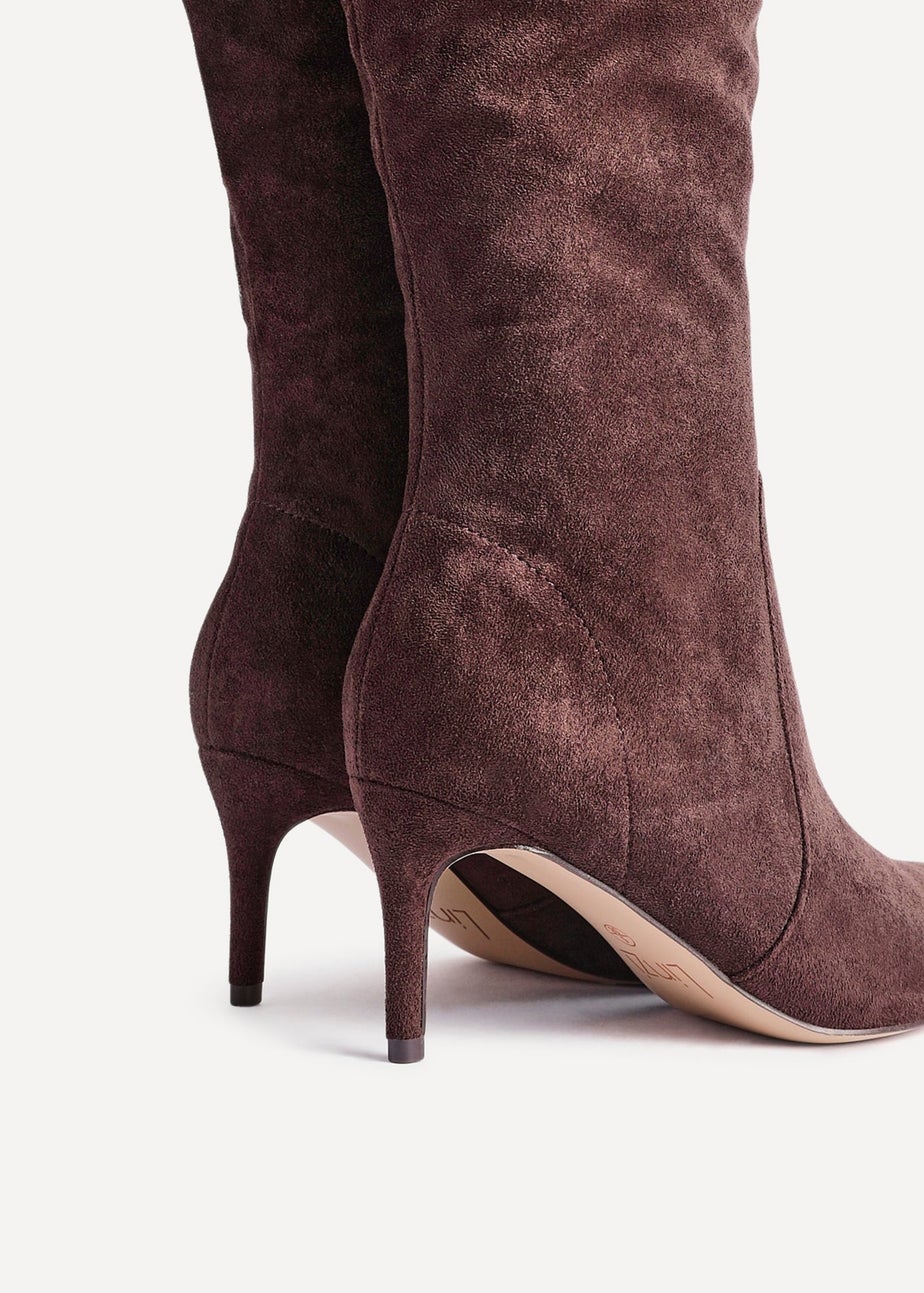 Linzi Ambition Brown Faux Suede Assymetric High Leg Stiletto Boot