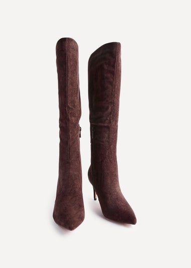 Linzi Ambition Brown Faux Suede Assymetric High Leg Stiletto Boot