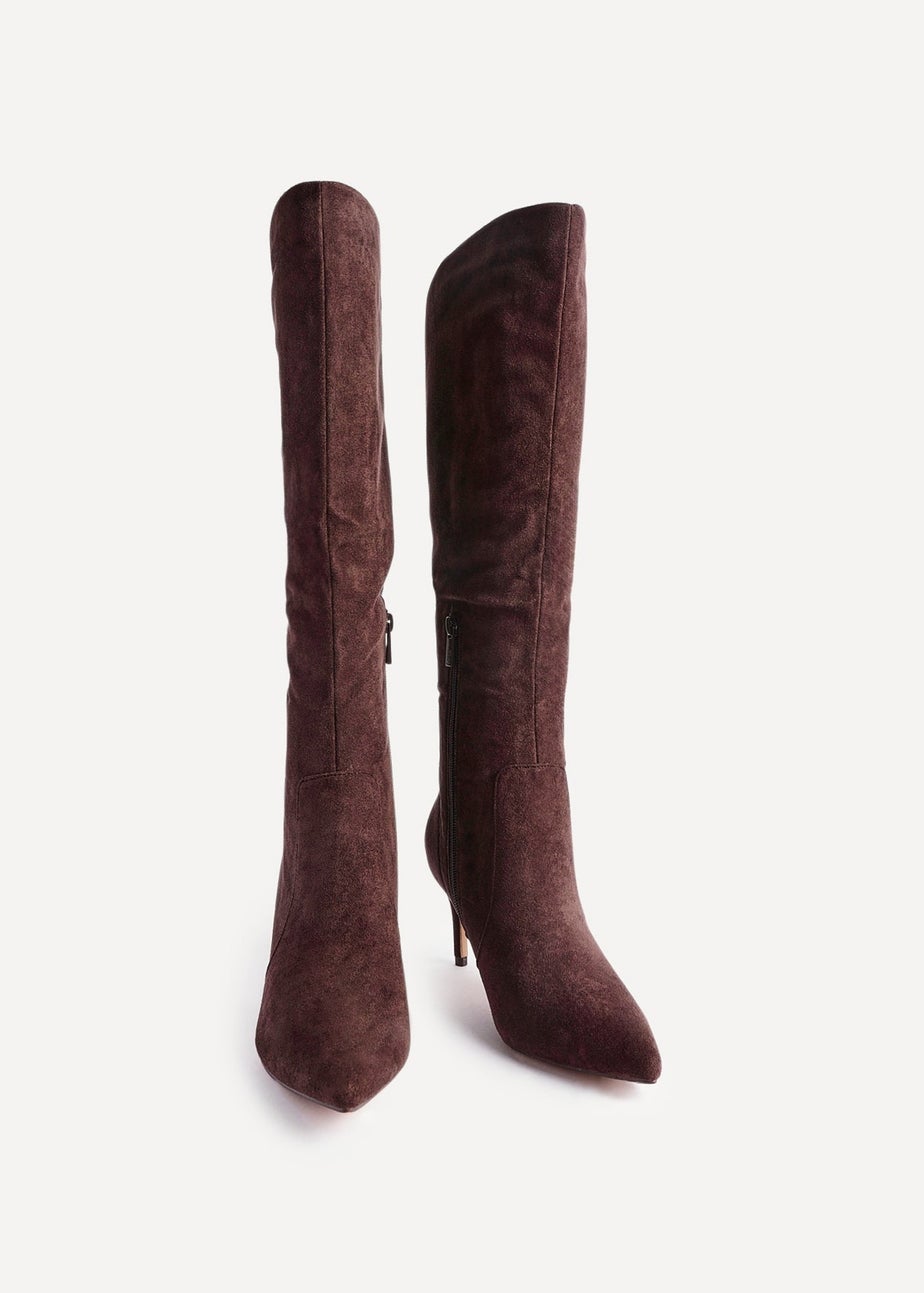 Linzi Ambition Brown Faux Suede Assymetric High Leg Stiletto Boot