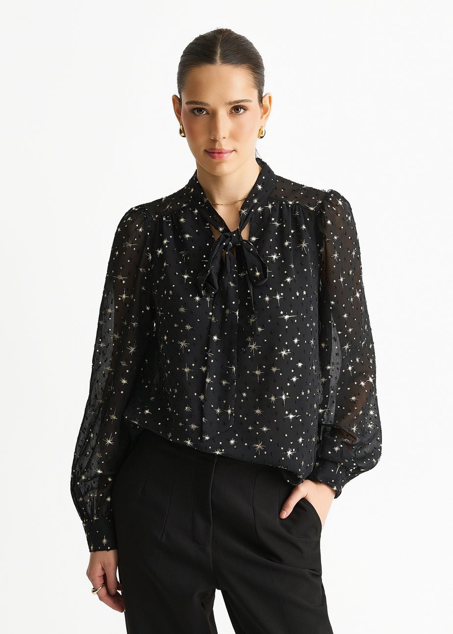 Gini London Black Dobby Star Chiffon Tie Neck Blouse
