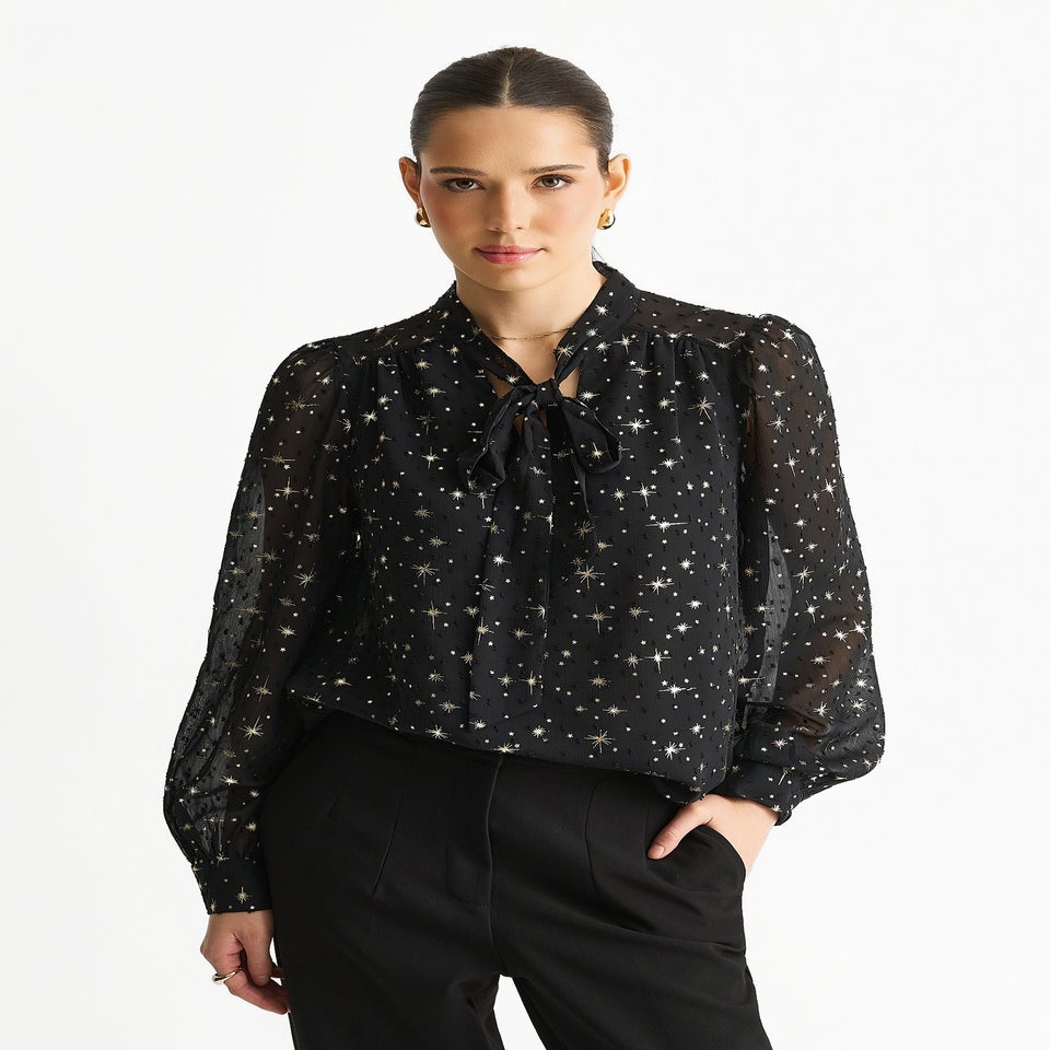 Gini London Black Dobby Star Chiffon Tie Neck Blouse