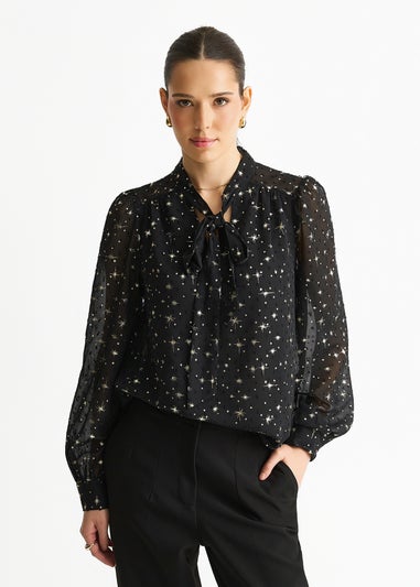 Gini London Black Dobby Star Chiffon Tie Neck Blouse