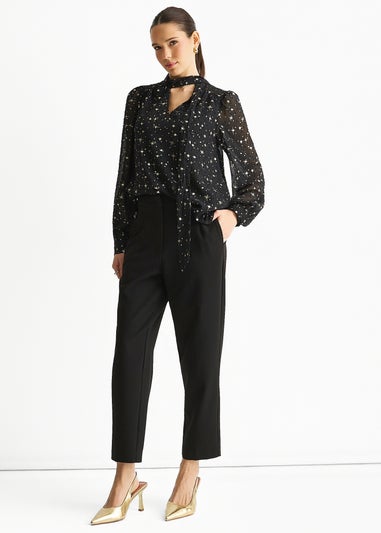 Gini London Black Dobby Star Chiffon Tie Neck Blouse