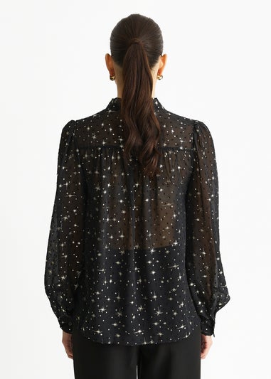 Gini London Black Dobby Star Chiffon Tie Neck Blouse