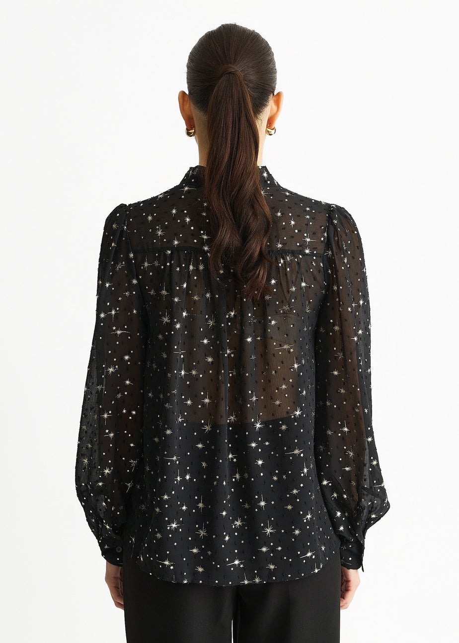 Gini London Black Dobby Star Chiffon Tie Neck Blouse