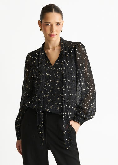 Gini London Black Dobby Star Chiffon Tie Neck Blouse