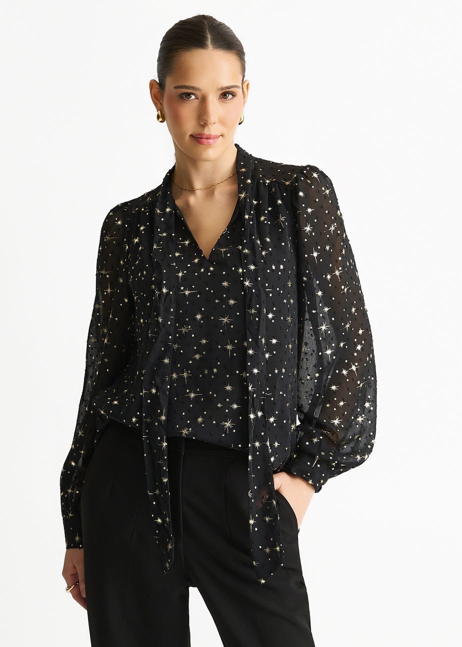 Gini London Black Dobby Star Chiffon Tie Neck Blouse