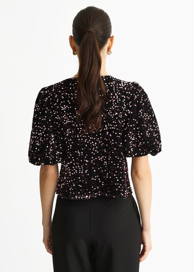 Gini London Purple Velvet Sequin Bow Front Bubble Sleeve Top