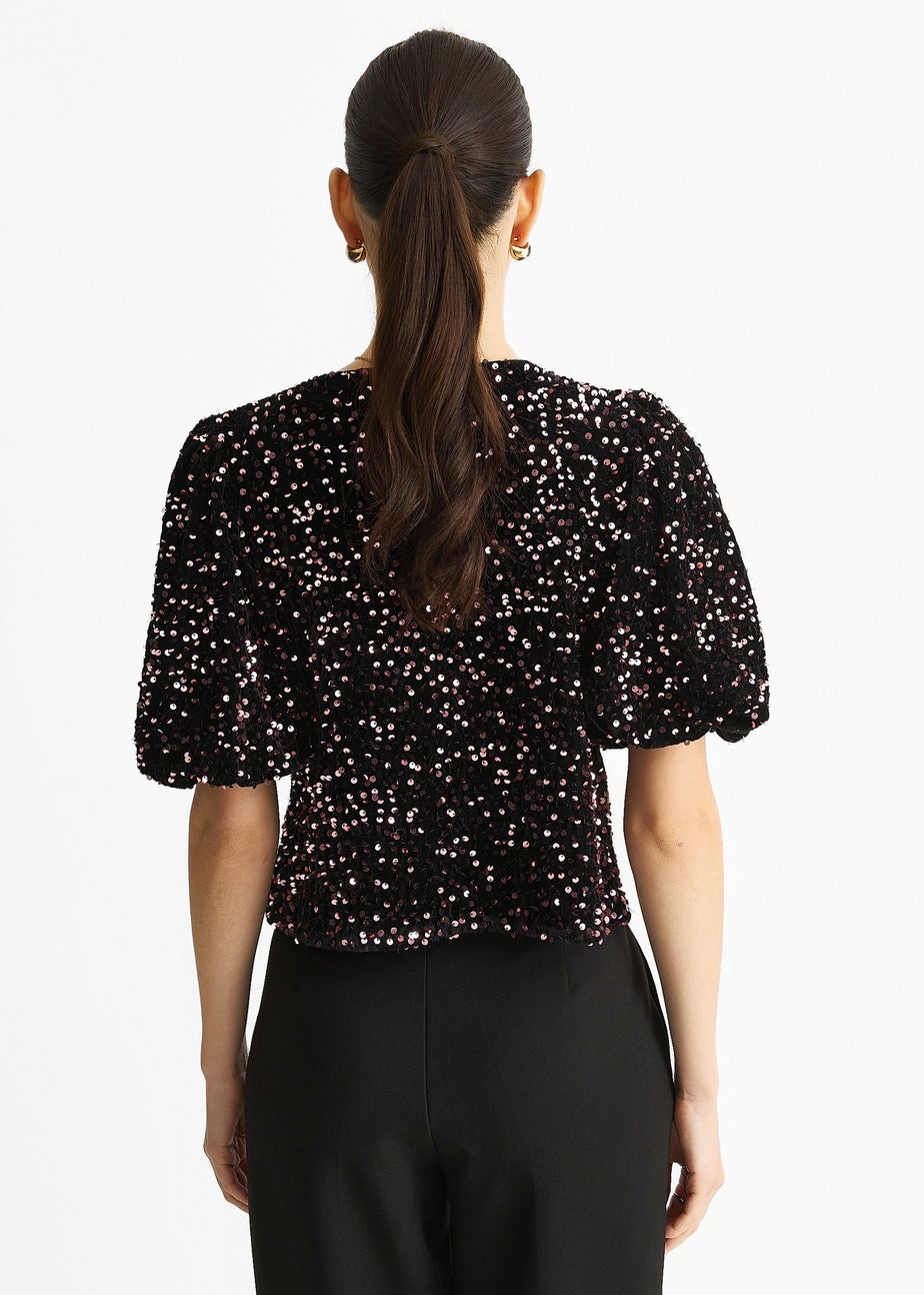 Gini London Purple Velvet Sequin Bow Front Bubble Sleeve Top