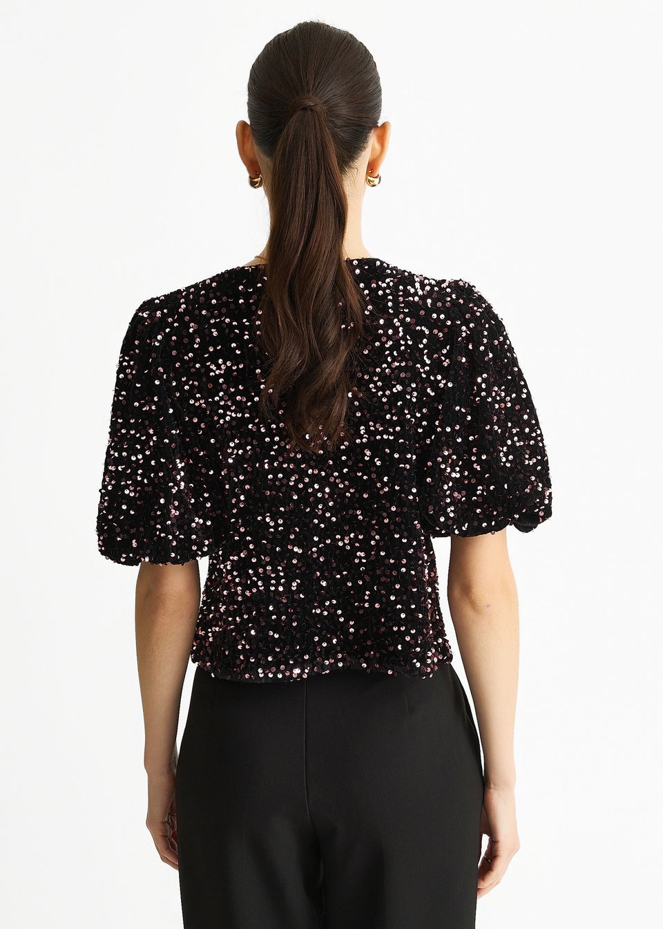 Gini London Purple Velvet Sequin Bow Front Bubble Sleeve Top