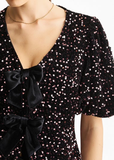 Gini London Purple Velvet Sequin Bow Front Bubble Sleeve Top