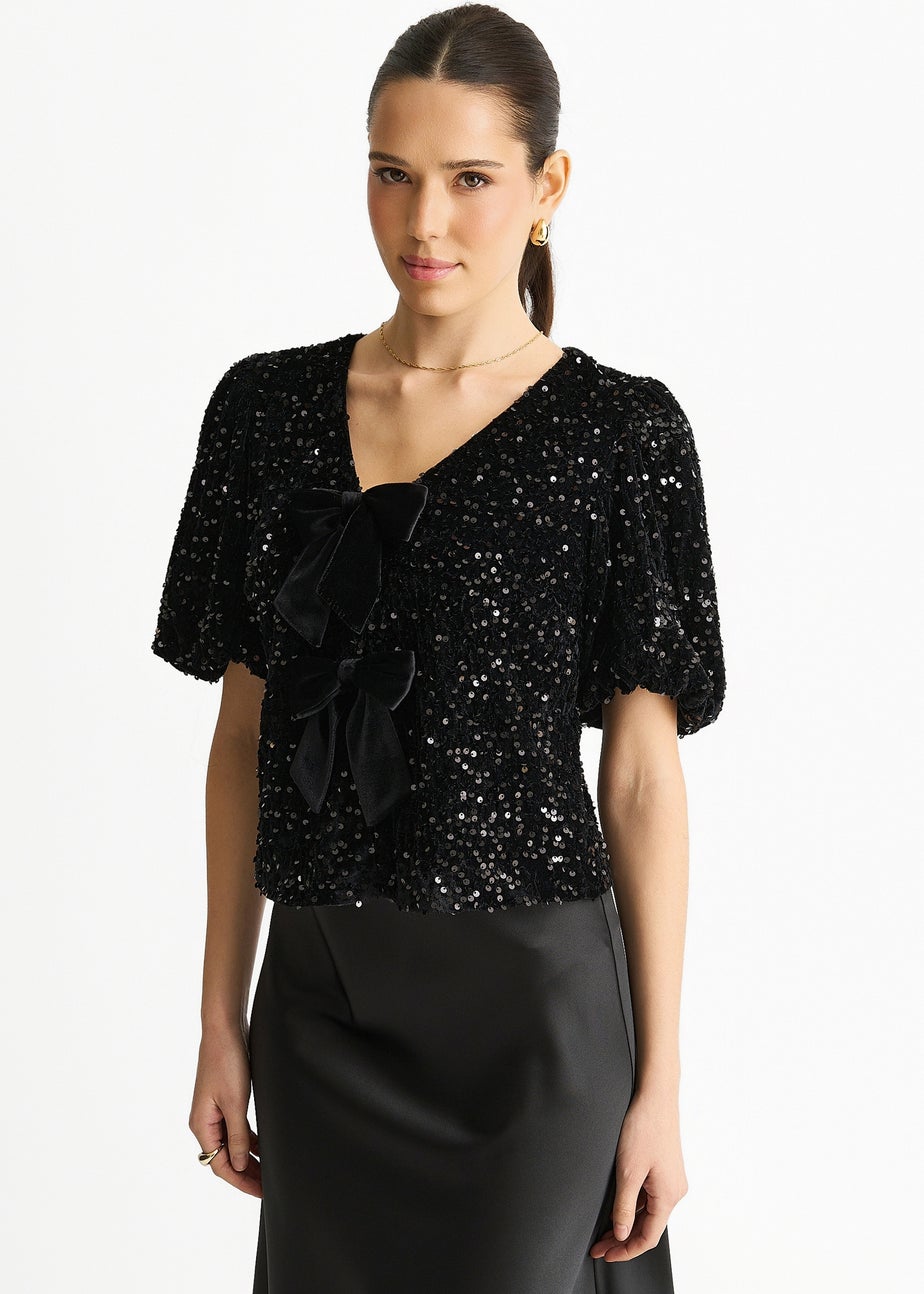 Gini London Black Velvet Sequin Bow Front Bubble Sleeve Top