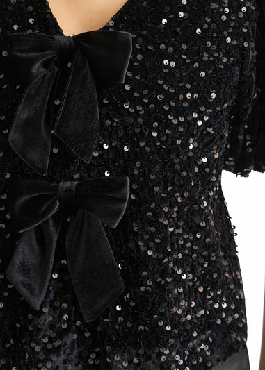 Gini London Black Velvet Sequin Bow Front Bubble Sleeve Top