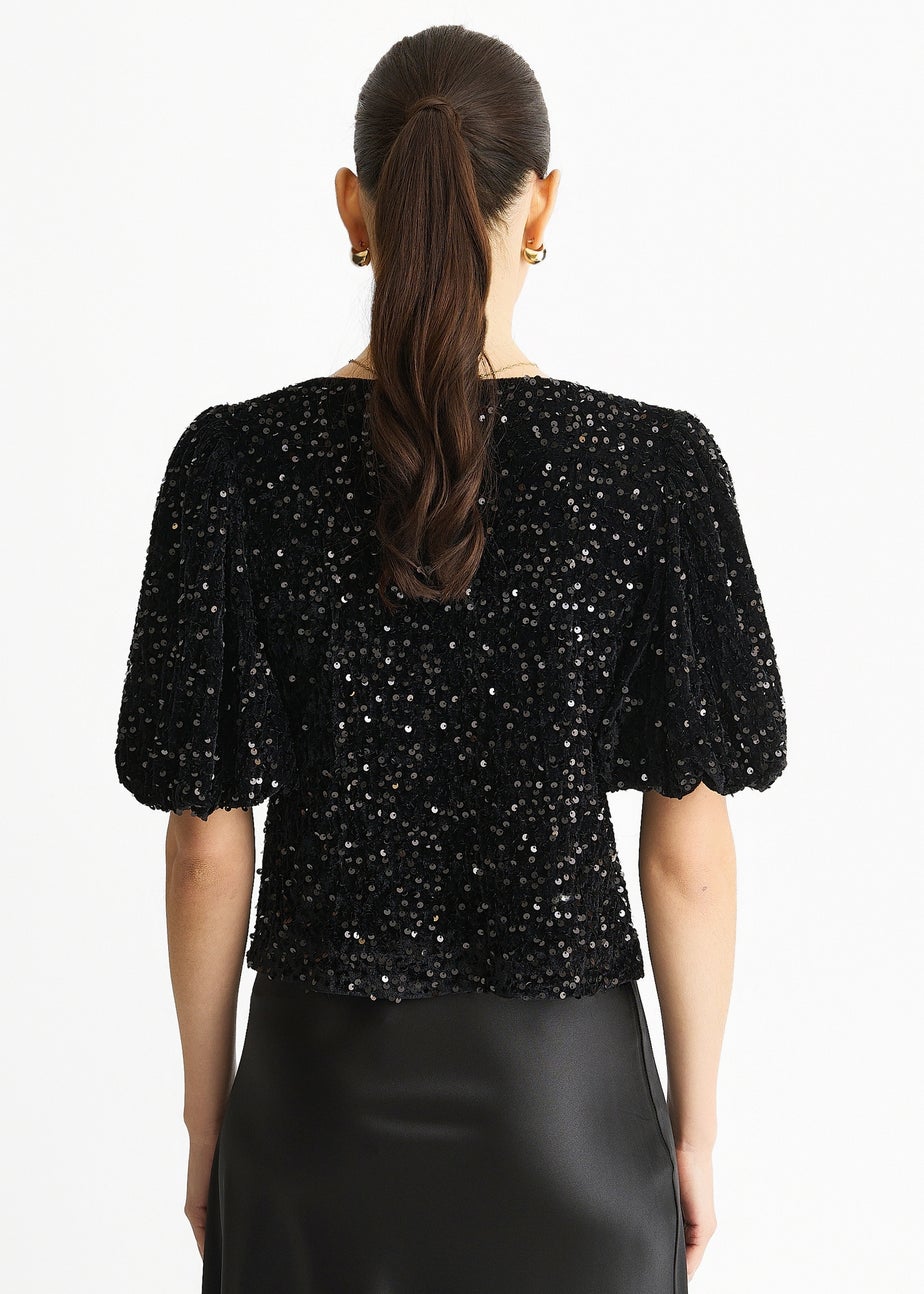 Gini London Black Velvet Sequin Bow Front Bubble Sleeve Top