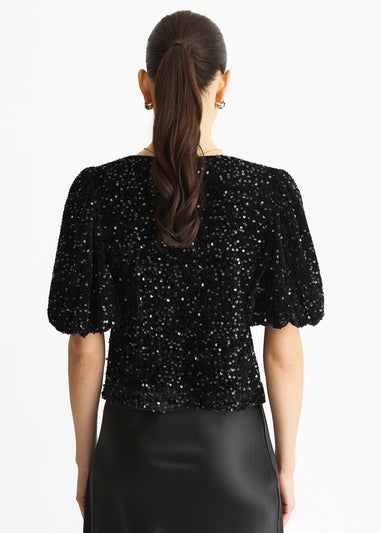Gini London Black Velvet Sequin Bow Front Bubble Sleeve Top