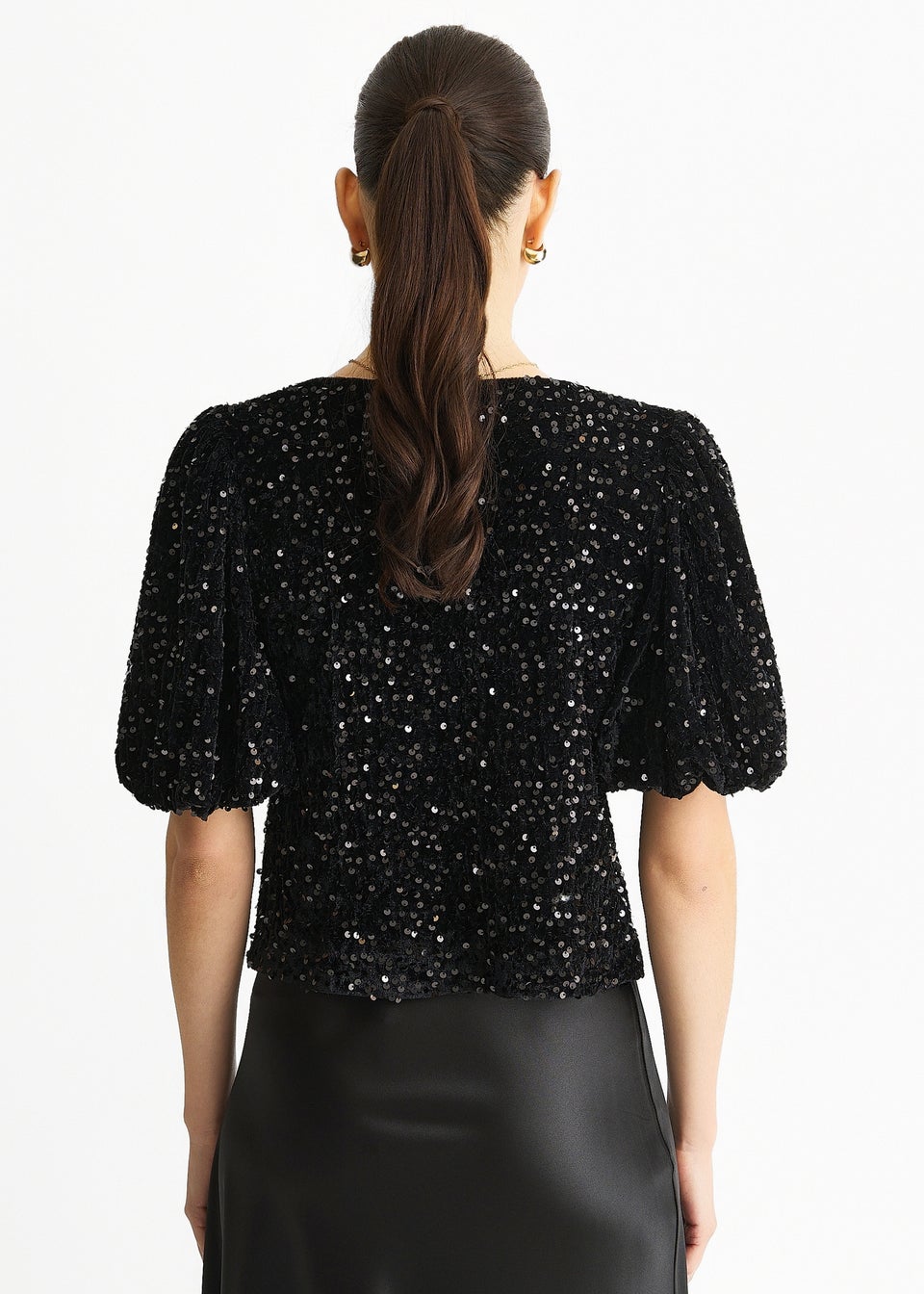 Gini London Black Velvet Sequin Bow Front Bubble Sleeve Top