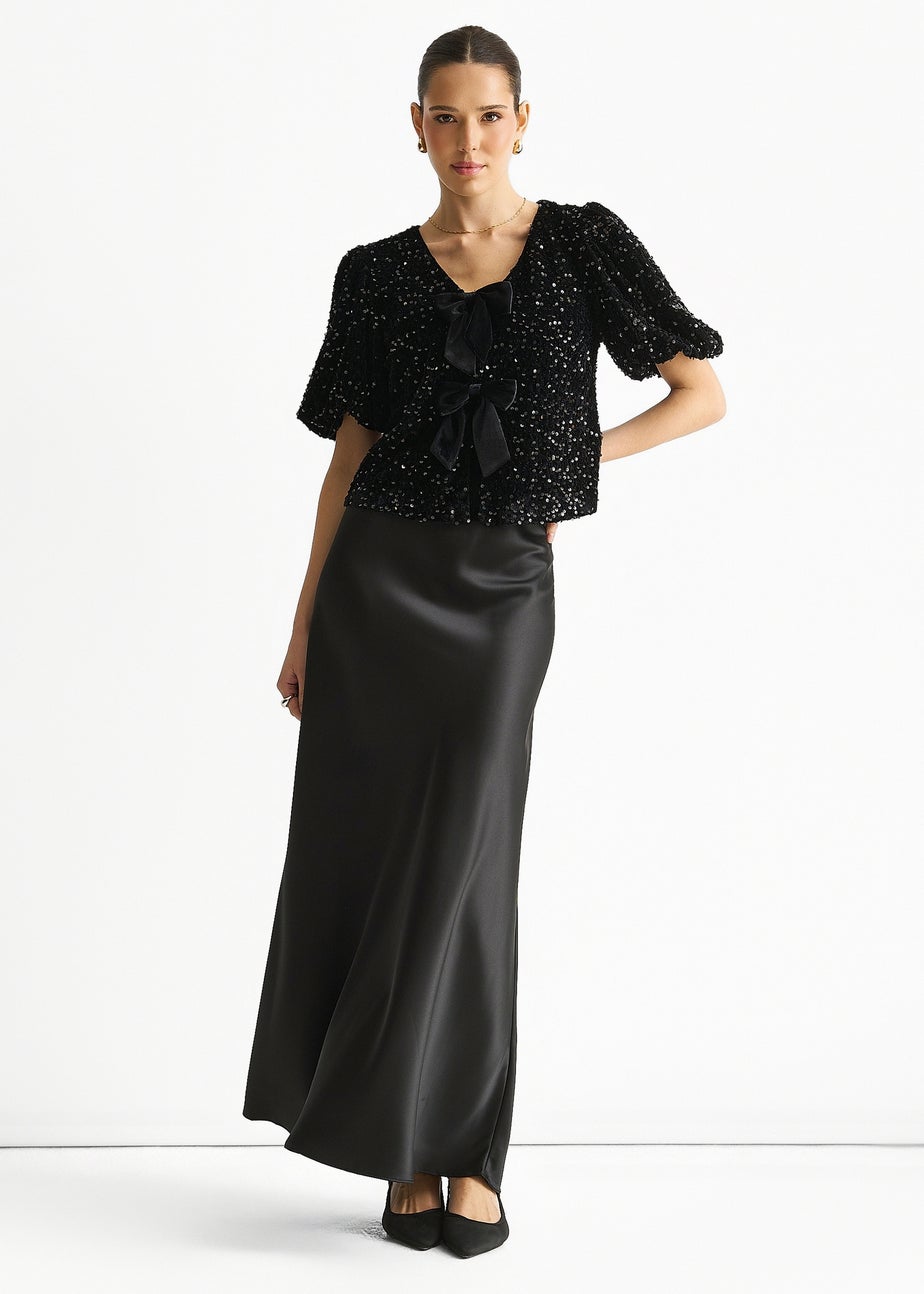 Gini London Black Velvet Sequin Bow Front Bubble Sleeve Top