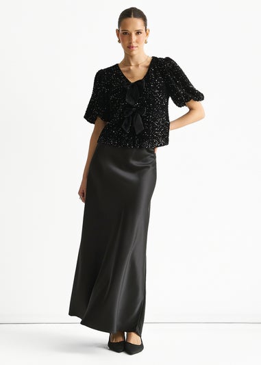 Gini London Black Velvet Sequin Bow Front Bubble Sleeve Top