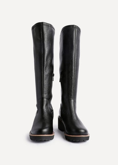 Linzi Maintain Wide Fit Black Faux Leather Stretch High Leg Wedge Boot