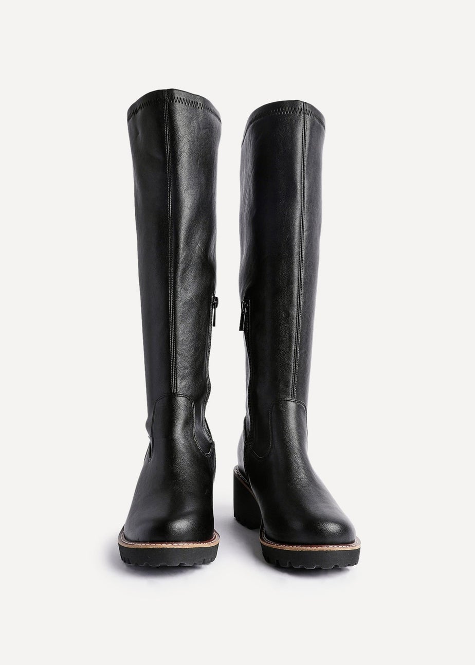 Linzi Maintain Wide Fit Black Faux Leather Stretch High Leg Wedge Boot