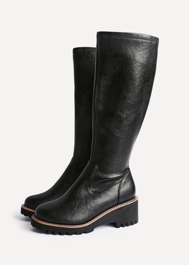 Linzi Maintain Wide Fit Black Faux Leather Stretch High Leg Wedge Boot