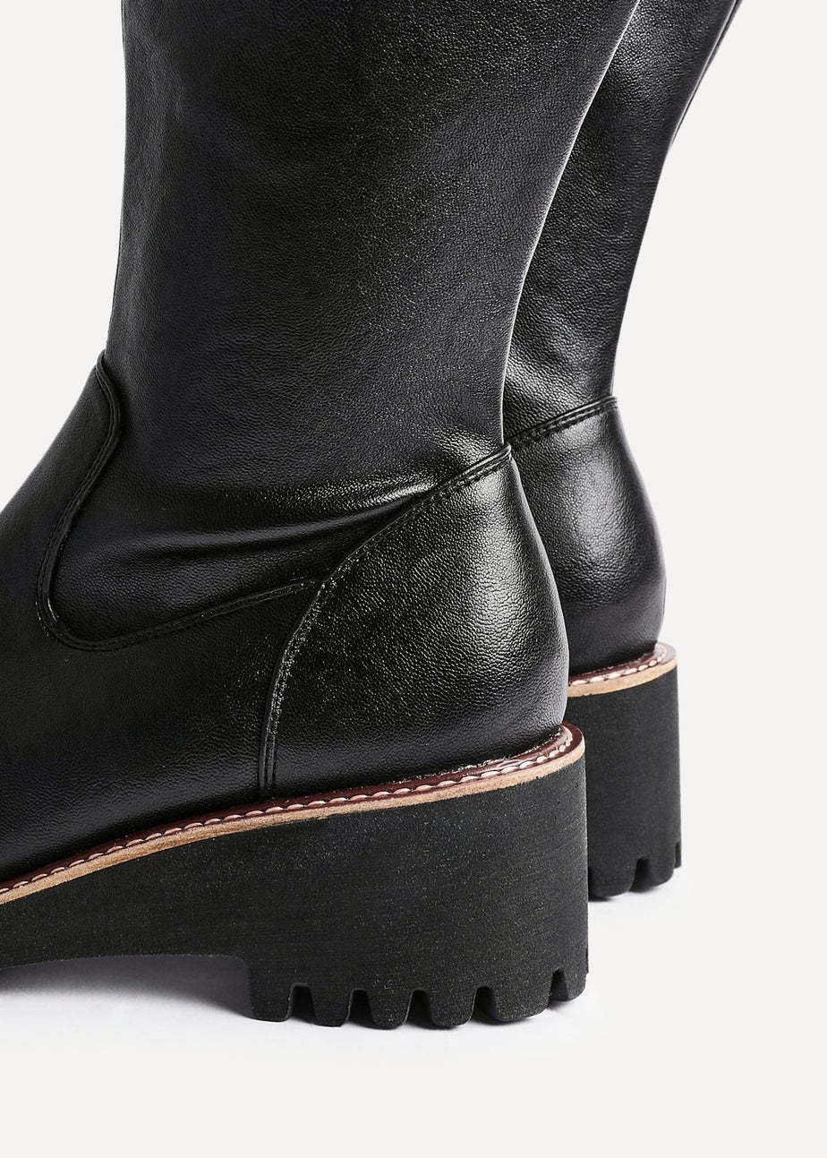 Linzi Maintain Wide Fit Black Faux Leather Stretch High Leg Wedge Boot