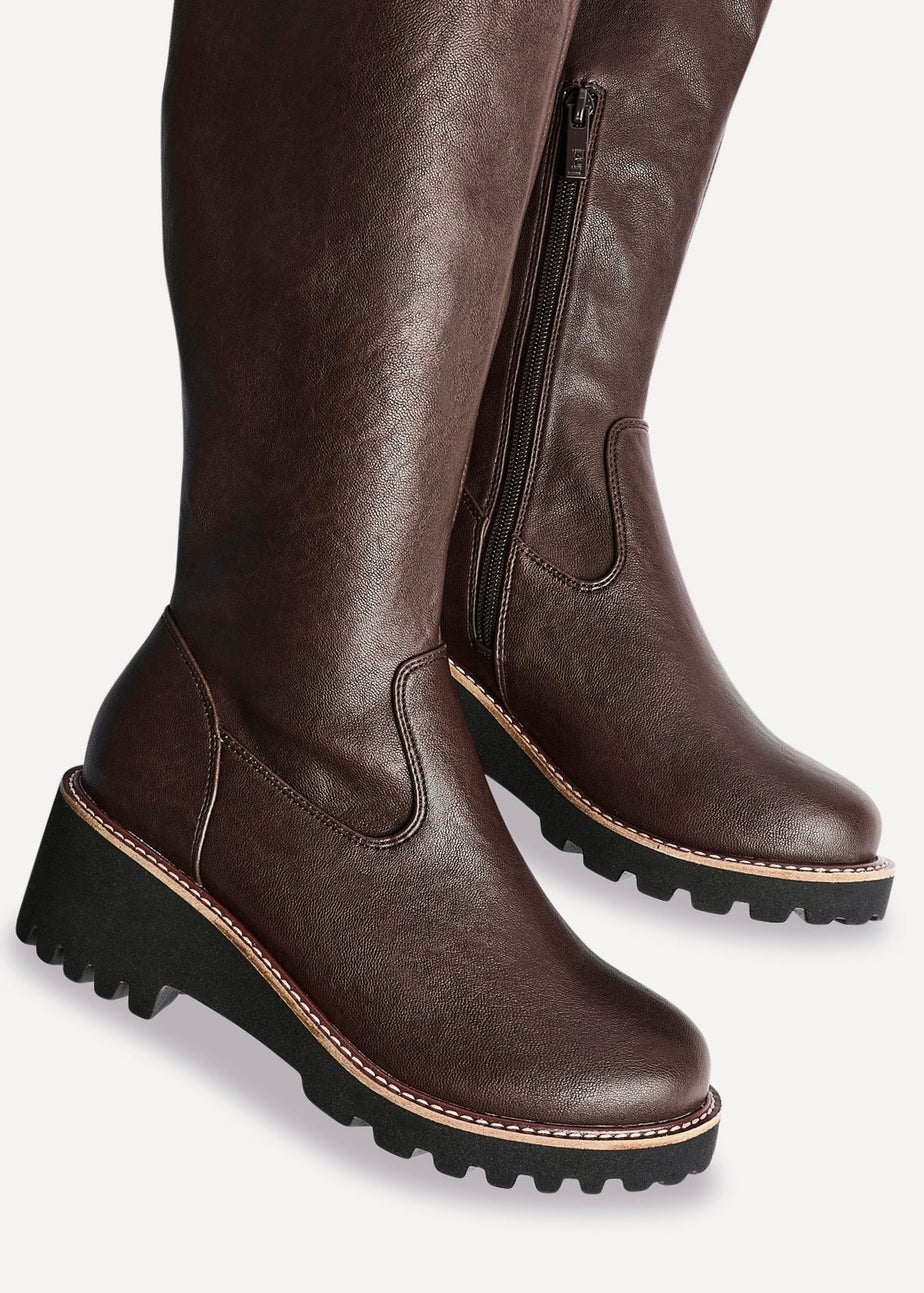 Linzi Maintain Wide Fit Brown Faux Leather Stretch High Leg Wedge Boot