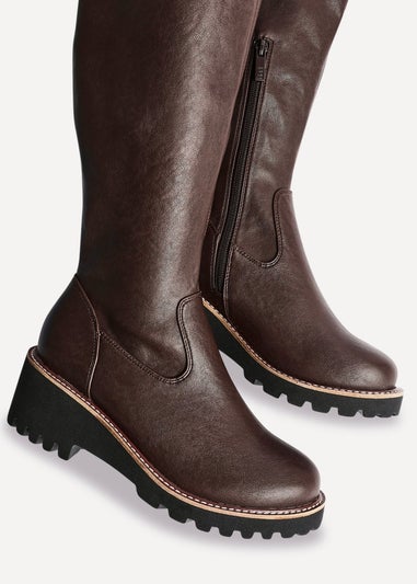 Linzi Maintain Wide Fit Brown Faux Leather Stretch High Leg Wedge Boot