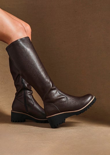 Linzi Maintain Wide Fit Brown Faux Leather Stretch High Leg Wedge Boot