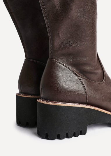 Linzi Maintain Wide Fit Brown Faux Leather Stretch High Leg Wedge Boot
