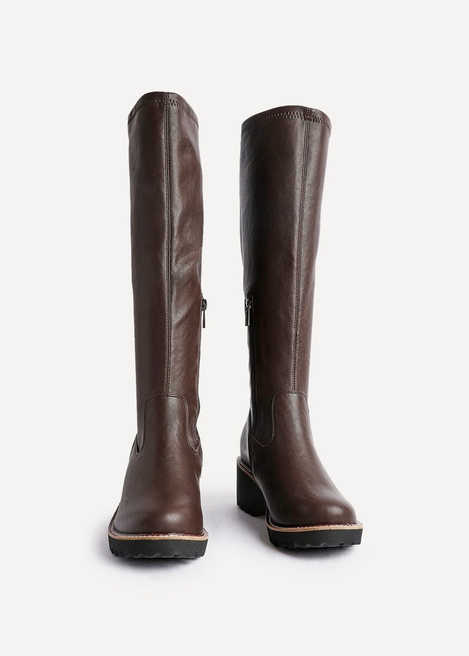 Linzi Maintain Wide Fit Brown Faux Leather Stretch High Leg Wedge Boot