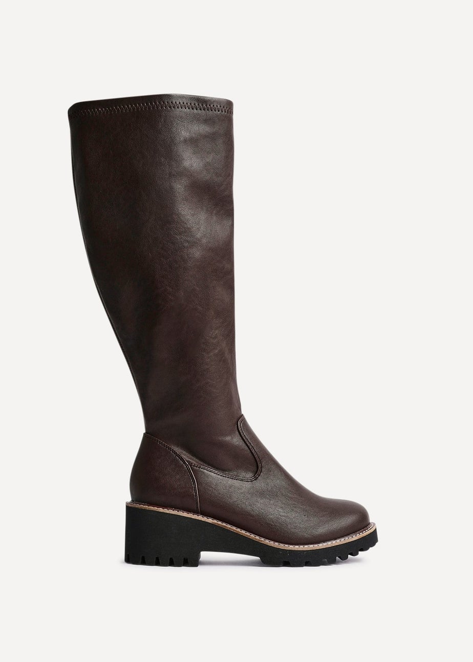 Linzi Maintain Wide Fit Brown Faux Leather Stretch High Leg Wedge Boot