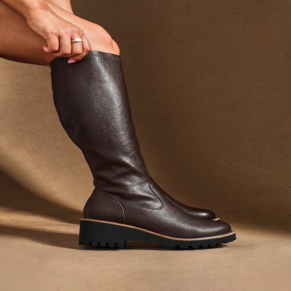 Linzi Maintain Wide Fit Brown Faux Leather Stretch High Leg Wedge Boot