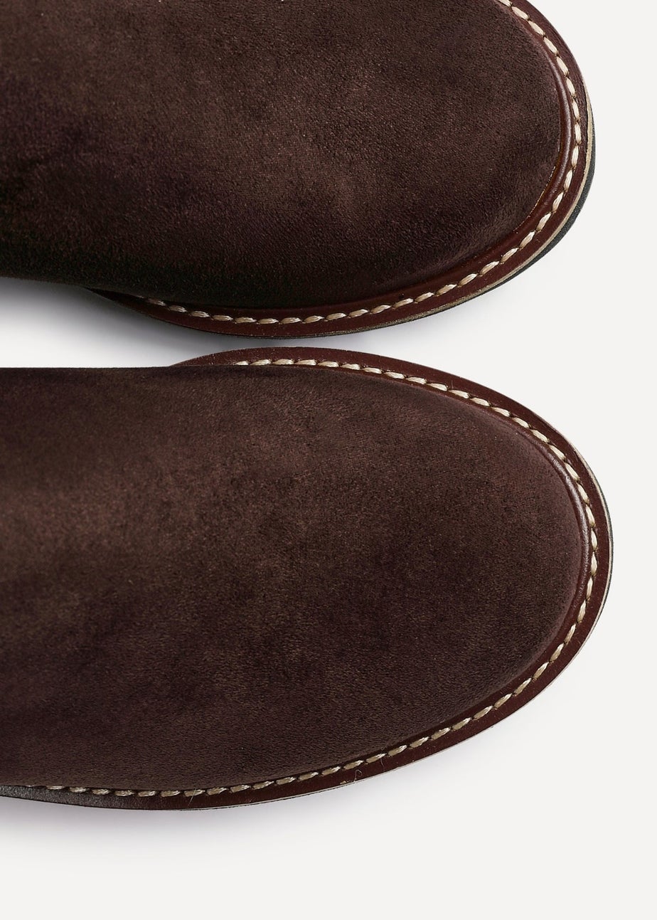 Linzi Maintain Wide Fit Brown Faux Suede Stretch High Leg Wedge Boot