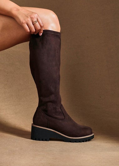 Linzi Maintain Wide Fit Brown Faux Suede Stretch High Leg Wedge Boot